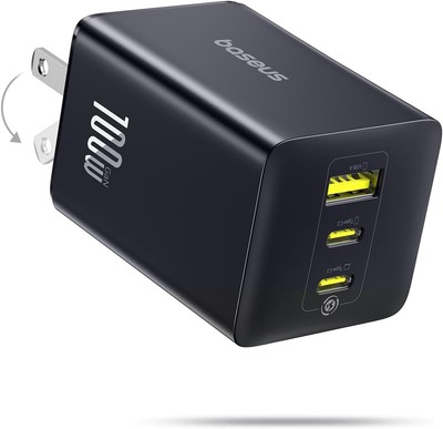 Baseus 100W USB C Charger Block, 3-Port GaN Foldable Compact PPS Wall Black 