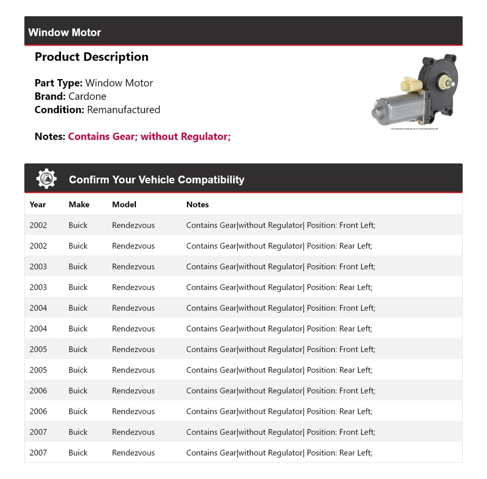 Для 2002-2007 Buick Rendezvous окно мотор Cardone 2003 2004 2005 2006 - Изображение 2 из 4