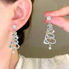 Rhinestone Christmas Tree Pendant Earrings Colorful Sparkly Jewelry Women