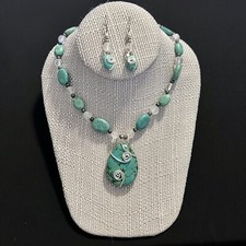 Faux Turquoise Statement Necklace Boho Drop Pendant Polished Stones Earrings Set