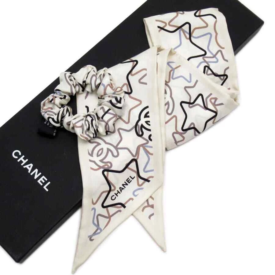 CHANEL Scarf Silk CC Star Motif COCO White Ivory with Scrunchie authentic