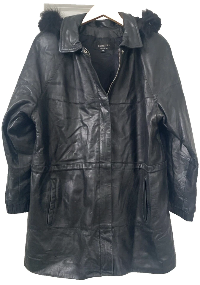 VTG Damselle NY Black Leather Coat Sz 12 Thermolite Parka Zip Fur Hood - Image 2 of 4