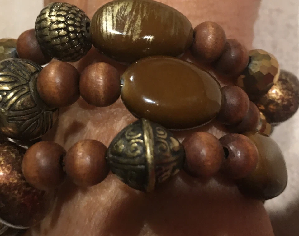 Birch Hill New Brown Beads Wood Gold 3 Coil Cuff Wrap Bracelet Made in USA Tags - Image 4 of 4
