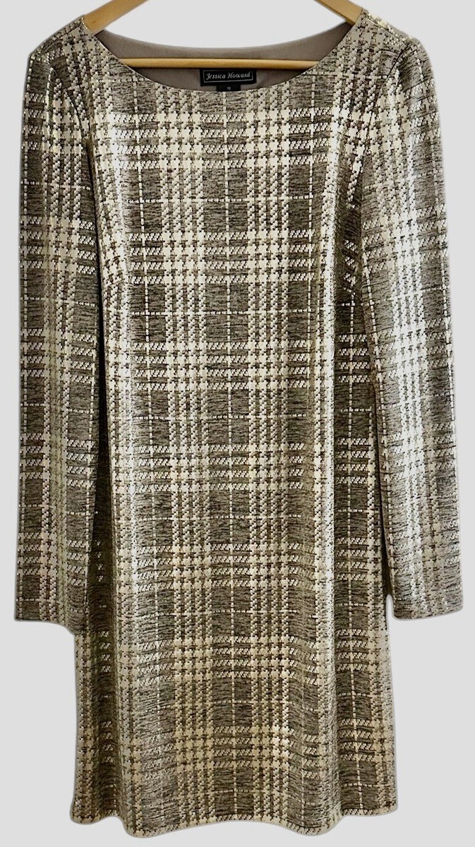 Jessica Howard Gold Plaid Stretch Bodycon Dress Long Sleeve Holiday/nightout-12