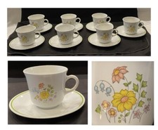 VINTAGE Corelle Cups  Saucers SPRING MEADOW Yellow Flowers 14-Piece Set