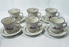 Set Of 6 Pfaltzgraff Snow Village Cups & Saucers Sets Barn Angel Christmas Mug
