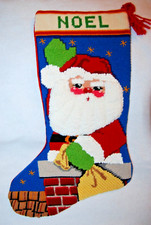 Vintage Sunset Designs Santa on a Rooftop Needlepoint Stocking Finished 19"