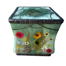 Vintage Fresh Fields Pressed Flowers Resin Tissue Box Cover 6" Swirl Acrylic