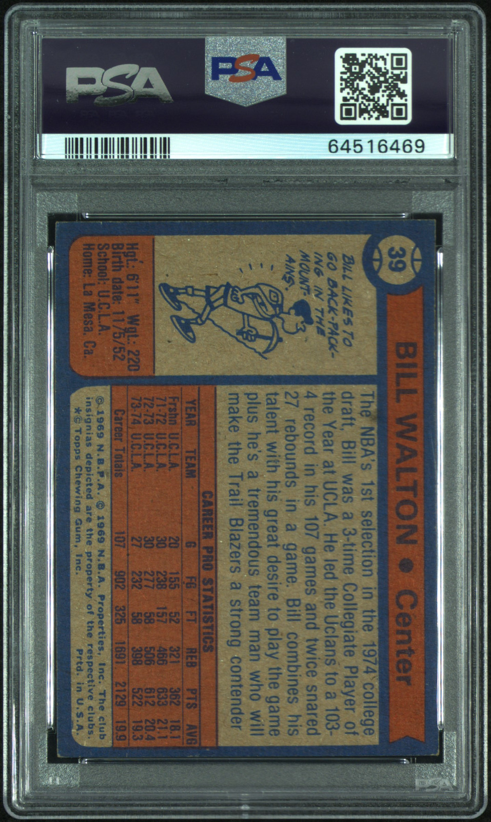 1974 Topps Bill Walton RC #39 PSA 6 Vintage Rookie view 2