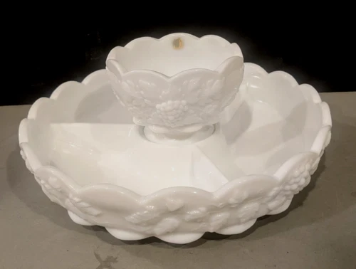 Vintage Westmoreland Paneled Grape White Milk Glass Divided Relish Dish Dip Bowl