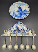 Vintage Delft Hand Painted Spoon Holder with Spoons & Round Wall Hanging