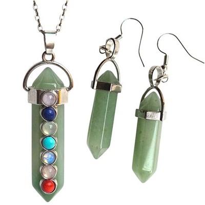 Green Aventurine 7 Chakra Gemstone Pendant Silver Tone Necklace Earrings Set 30''