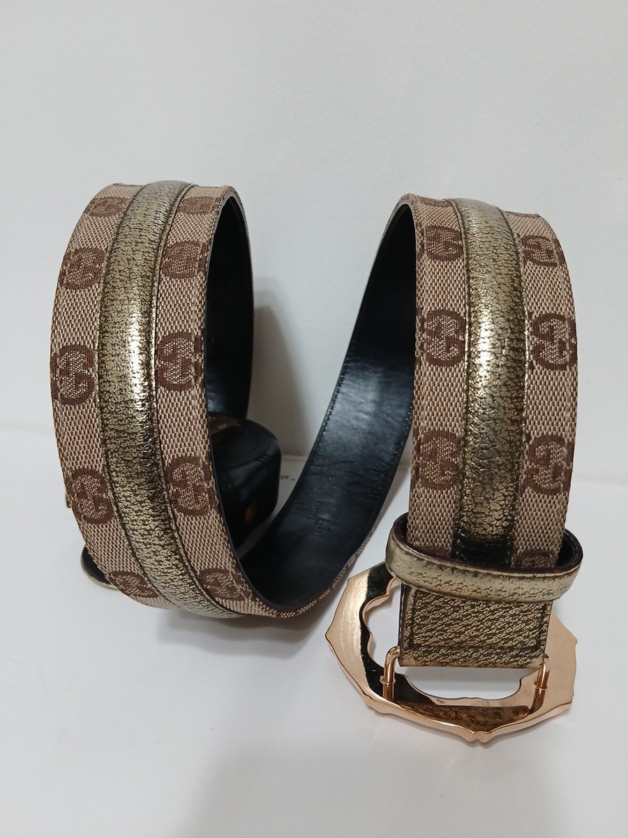 Gucci Monogram Canvas Gold Metallic Leather Bamboo Metal Buckle
