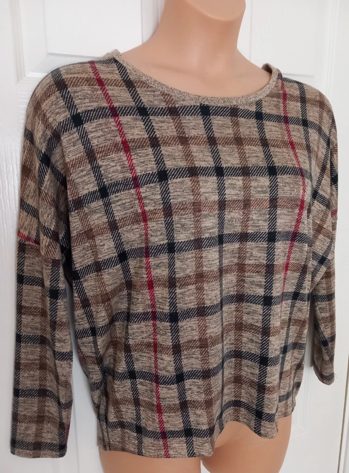 SoyaConcept Top UK 14/16 Brown Check Danish Designer Jumper Tunic Boxy Long Slv - Image 2 of 4