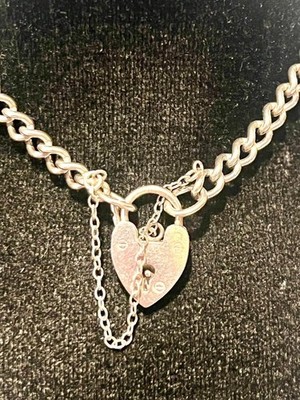 VINTAGE STERLINGSILBER 925 DOPPEL PANZER DAMEN HERZ VORHÄNGESCHLOSS BETTELARMBAND 7''