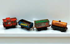 VTG Tin Litho Train Cars Made in Japan SHELL Tank Red Caboose Boxcar Gondola