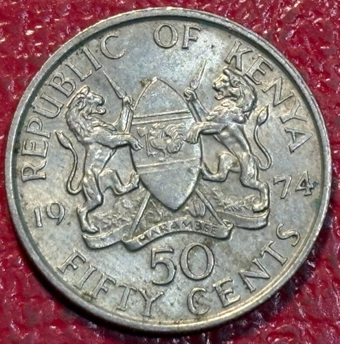 HIGH GRADE XF/AU 1974 KENYA 50 CENTS KENYATTA LIONS IN ARMS COIN-DEC165