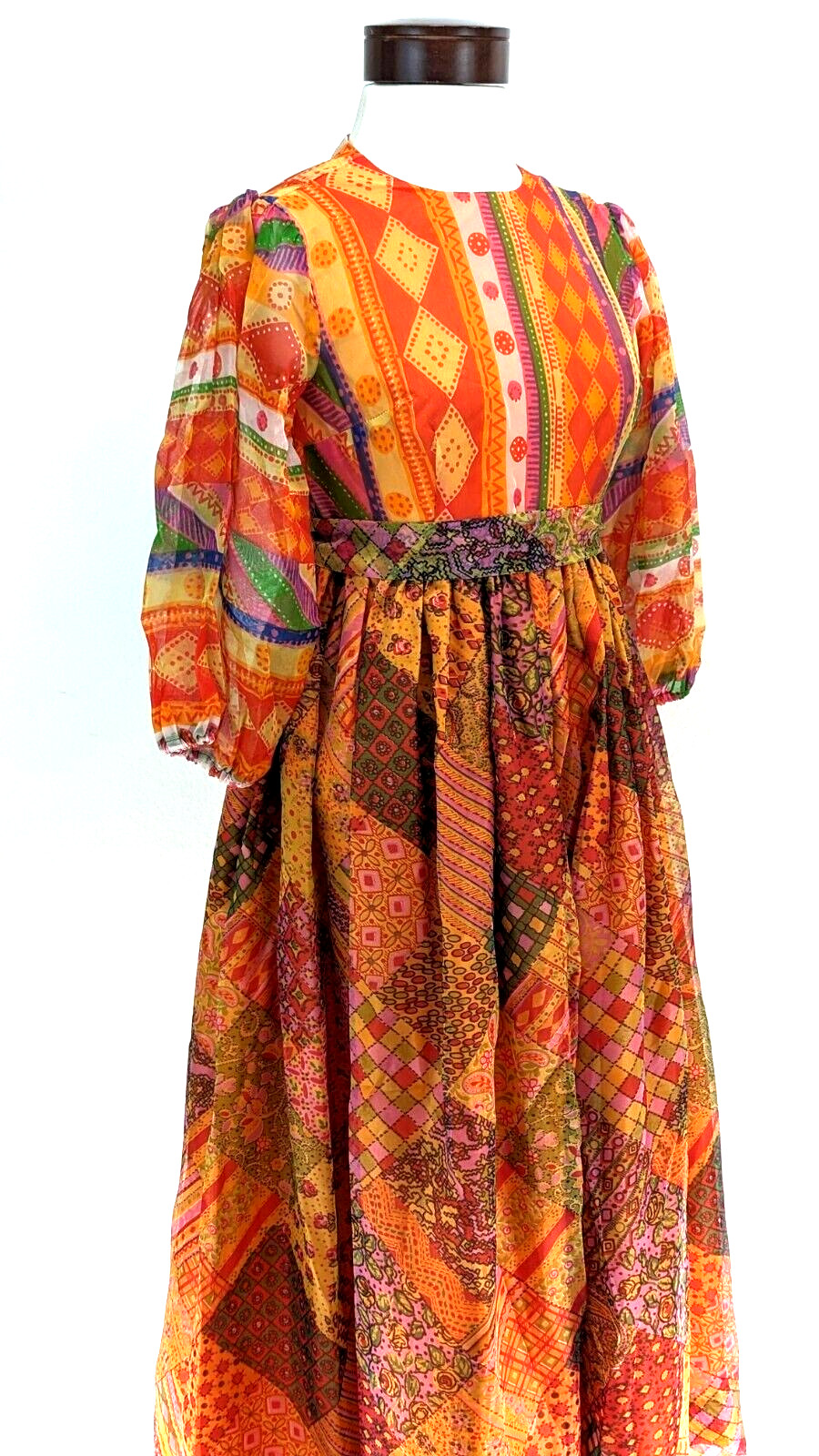 Maxi Vestido De Colección Años 60 CALIFORNIA CALLIOPE Cottage Core Boho Colorido Floral XXS *