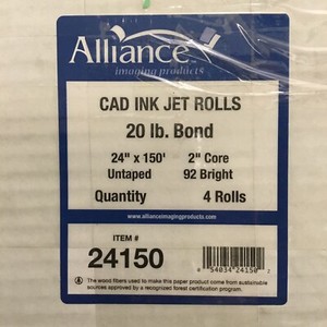 Alliance Wide Format Paper 24” x 150' CAD Bond 92 Bright 20lb. 4 Rolls w/2" Core