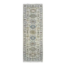 2'7"x7'9" Acoustic White Hand Knotted Karjihooz Soft Wool Runner Rug G84607