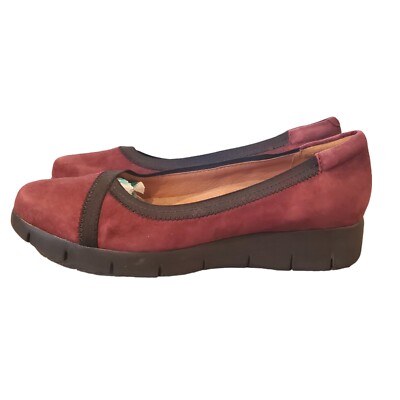 Clarks Suede Platform Wedge Flats Comfort Shoes Dark Red Slipon Size 7.5