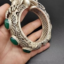 Chinese Antique Dragon Bracele Tibet Silver Handwork Green Jade Collectible