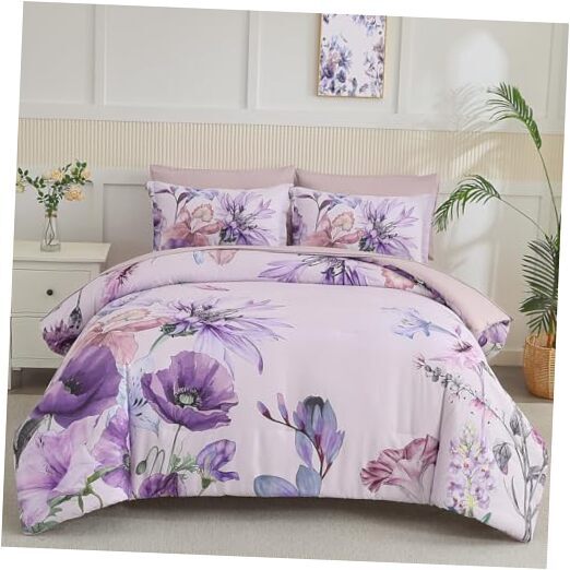Comforter Set 7 Piece Bed in a Bag,Elegant Floral Queen New Purple Floral