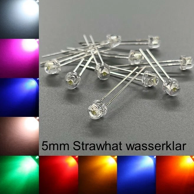 IRVIMA 5mm LEDs Strawhat wasserklar alle Farben inkl. Widerstände Leuchtdioden LED