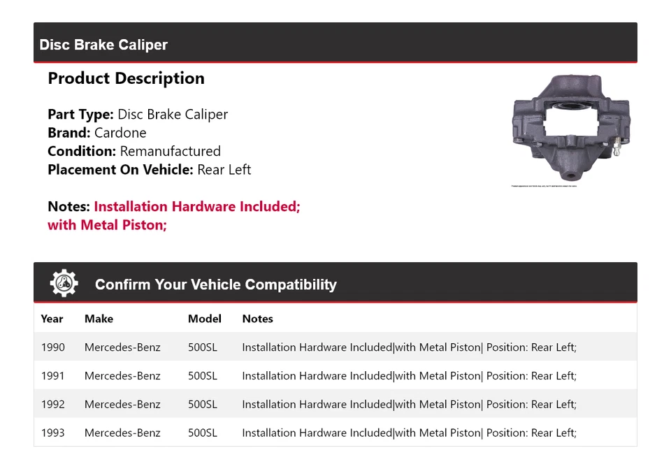 Pinza de freno de disco trasera izquierda cardone 1991 1992 para Mercedes-Benz 500SL 1990-1993 Foto 2 de 4
