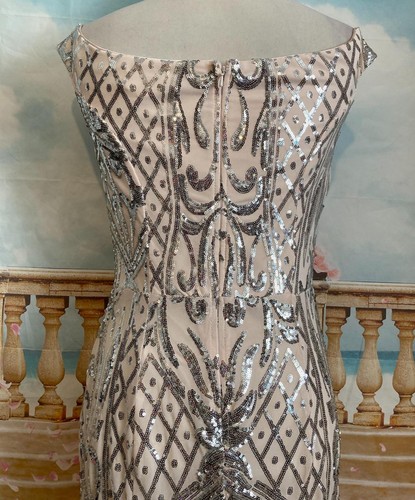 NEW Dress 12 Blush Silver Sequin Quiz Bardot Fishtail Ballgown Evening Stretch - Picture 4 of 9
