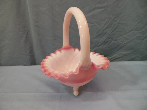 Fenton Pink Rosalene Glass 3 Toed Basket w/ Ribbed Design