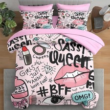 Comforter Set Twin Size, Makeup Pink Queen 5 Pcs Bedding for and Adults, Diam...