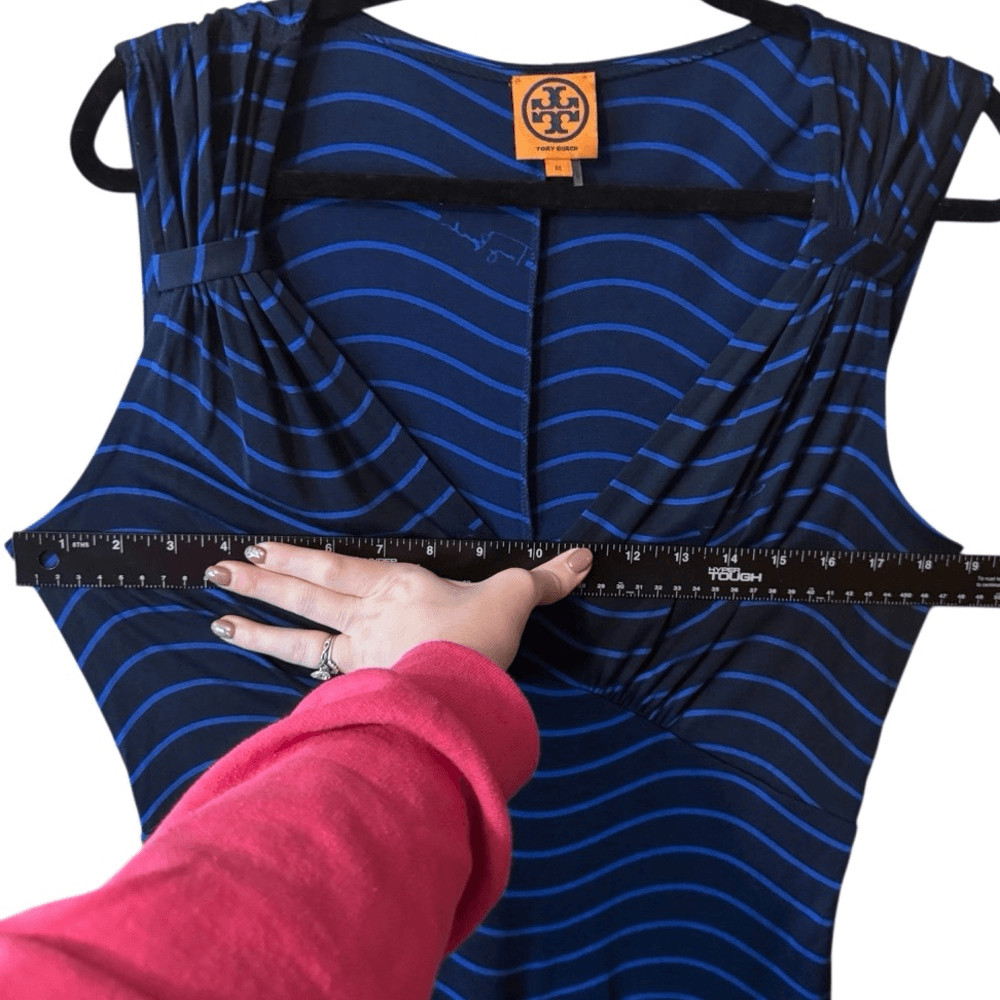 Tory Burch- Women’s Silk Stretch Blue Striped V-Neck Midi Dress Medium thumbnail 4