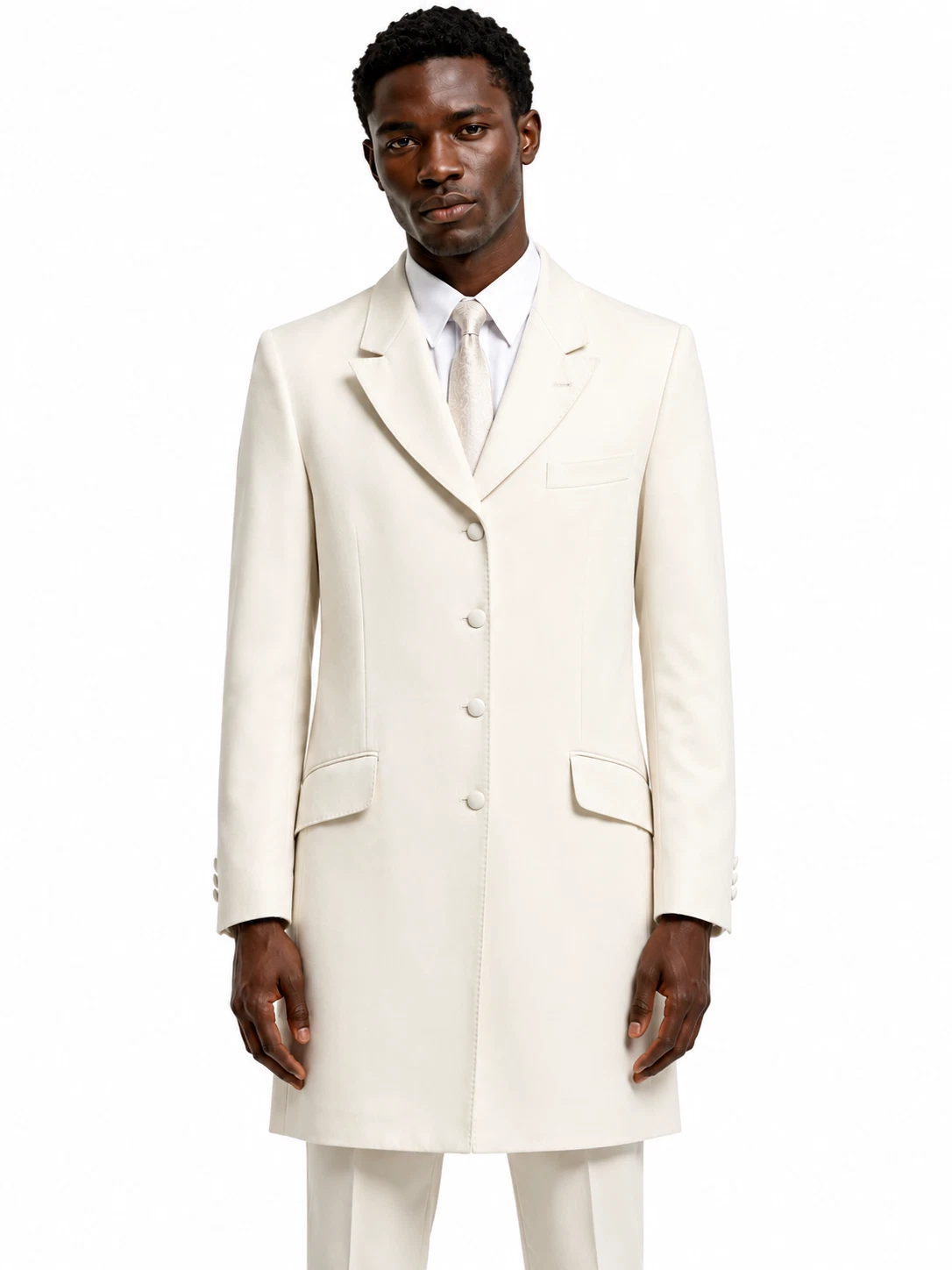 Ivory Cream Long Jacket Prince Edward 3/4 Length Formal Wool Wedding Mens White