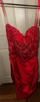 Red Lace Satin Strappy Gown Long Sweetheart Neck Formal Party Dress Women