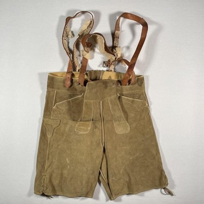 Vintage Lederhosen Shorts Mens 44 Brown Suede Leather Suspenders Oktoberfest