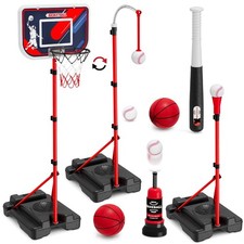 4 in 1 Kids Basketball Hoop and Tball Set for Toddlers Adjustable Hanging T...