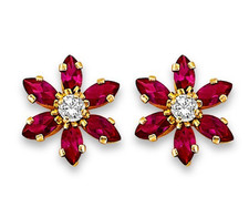 NEW 14K YELLOW GOLD RED FLOWER STUD EARR WITH SCREW BACK