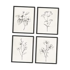 Grey Floral Wall Art - Set of 4 Plant 11x14 Antique Flower Drawings Unframed
