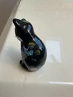 Fenton Black Glass Cat Figurine With Painted Blue Flowers