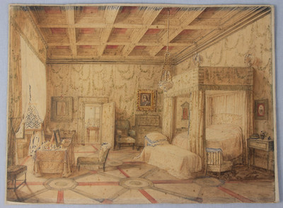 BOUDOIR mittelviktorianisches Interieur Arbeitszimmer Aquarell Himmelbett Schlafzimmer um 1840-70