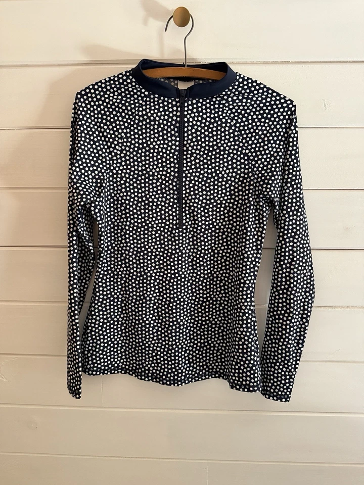 BODEN Rash Guard Swimming Top Women US Size 8 Navy Blue Dot Zip Up | MINT COND - Image 2 of 4