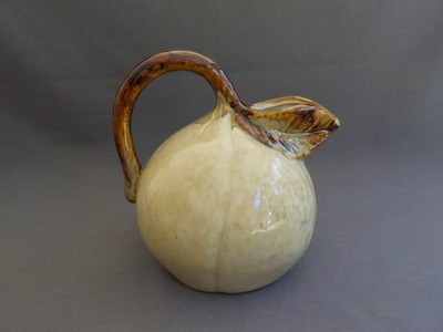 Pottery Pitcher  Leaf Spout  Handle Heavy Round Brown Beige Glaze Vase Handmade