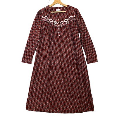 Aria Plaid Flannel Nightgown M Red Embroidered Holiday Pic Cozy Christmas Retro