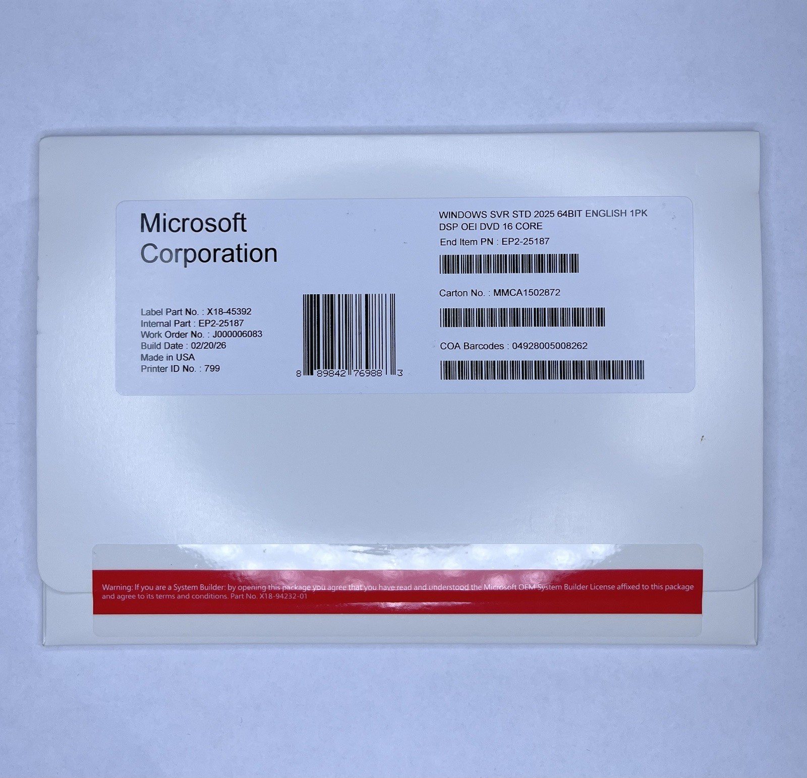 Microsoft Windows Server 2025 Standard DVD Kit Media With Key 16-Core 1PK
