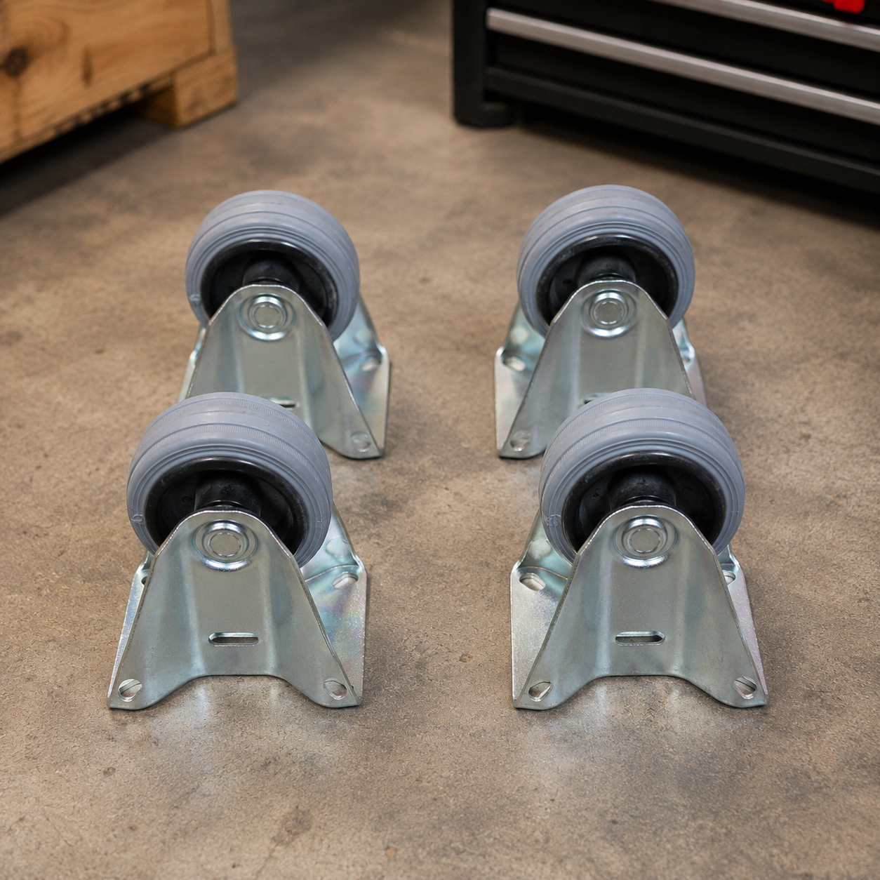 4 Pack Fixed Plate Castor Wheels 75mm Grey Rubber Heavy Duty Trolley Cart