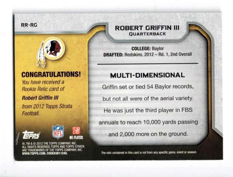 2012 Topps Strata Rookie Relic - Robert Griffin III Patch #RR-RG  /296 (MEM,RC) - Image 2 of 2
