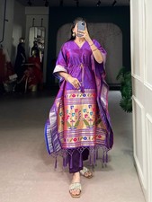 Shiny Pure Gaji Silk Kaftan Abaya Paithani Jacquard Woven Border Women Maxi Dres