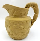 ANTIQUE YELLOWWARE HOUND HANDLE HUNT SCENE PITCHER "BEST GOODS", REPAIRED