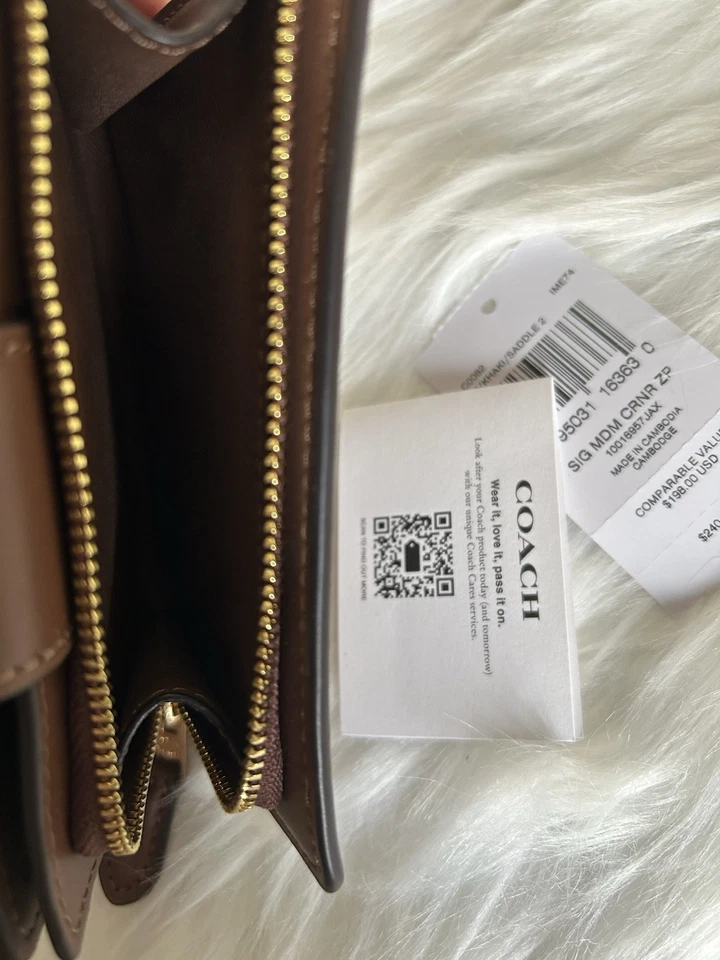 NWT Coach  Medium Corner Zip Wallet Signature Canvas Khaki Saddle 2 - Image 4 of 4